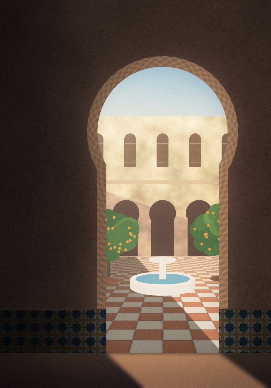 A Moroccan archway opening onto a sunlit courtyard